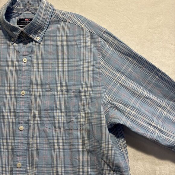 Vineyard Vines Classic Fit Murray Shirt Men's Large Linen Blend Blue Pink Plaid - Picture 6 of 16